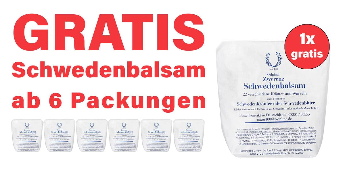 André empfiehlt folgende Aktion: jede Bestellung mit 6 Packungen Schwedenbalsam erhält eine Packung Schwedenbalsam im Wert von 15,39 € GESCHENKT!